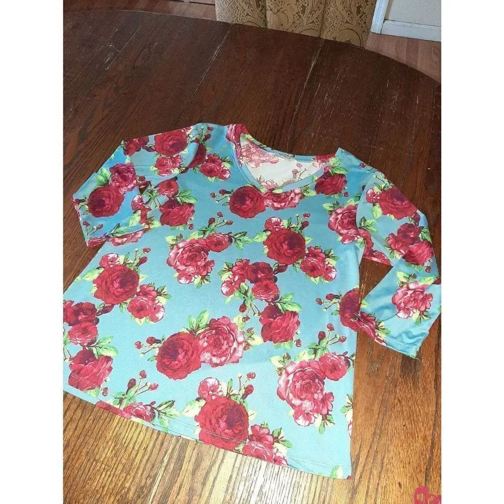 Small Pioneer Woman Blue Red Pink Floral 3/4 Sleeve Top Shirt Blouse Loose Fit
